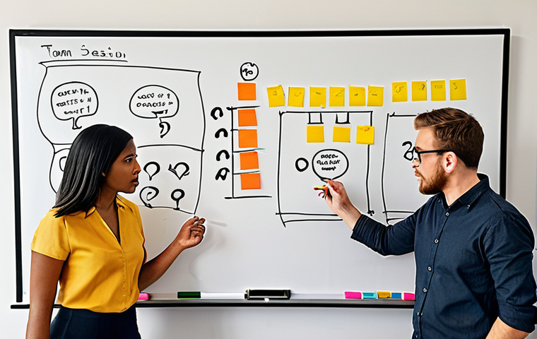 **
A diverse team brainstorming around a whiteboard covered in sticky notes. Some notes have question marks, others have sketched graphs and charts. The atmosphere is energetic and collaborative. Emphasize a modern office setting. "Team collaboration, brainstorming session, data-driven decision making, diverse perspectives, modern office, whiteboard with notes, probabilistic thinking concept"
**