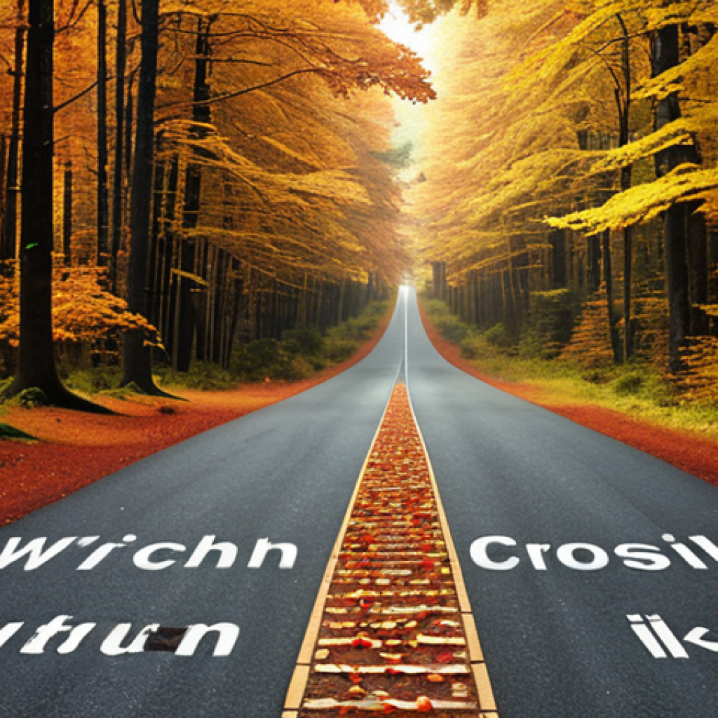 **

A crossroads in a forest with three paths leading in different directions (right, left, straight).  Slightly blurred, dreamlike quality. Overlaid text: "Which way? Consider the possibilities."  Autumn colors.

**