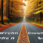 **

A crossroads in a forest with three paths leading in different directions (right, left, straight).  Slightly blurred, dreamlike quality. Overlaid text: "Which way? Consider the possibilities."  Autumn colors.

**
