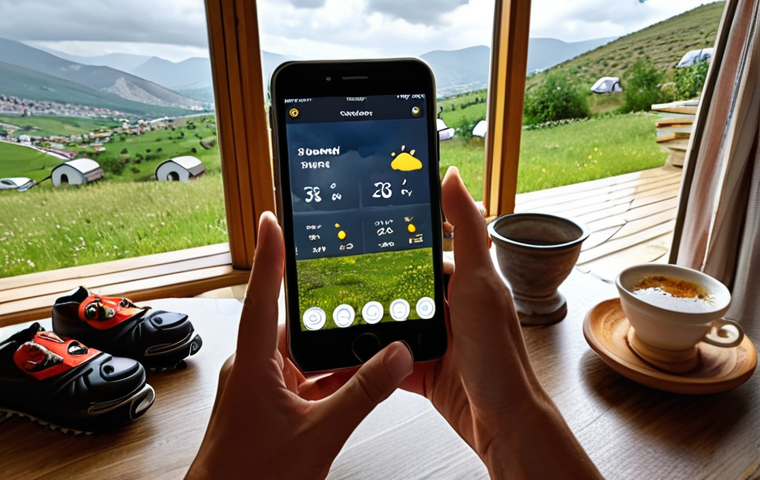 **
A person making weekend plans, looking at a weather app on their phone showing both sunny and stormy icons. They are also looking at a list of activities, some indoor (like going to a museum) and some outdoor (like hiking). The scene should feel realistic and relatable, possibly set in a modern Turkish home.
**